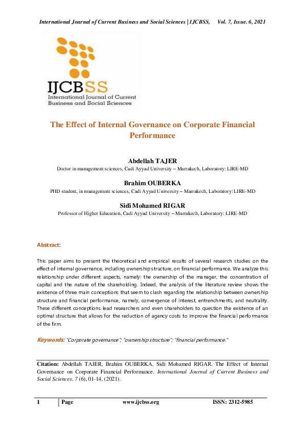 (PDF) The Effect of Internal Governance on Corporate Financial Performance