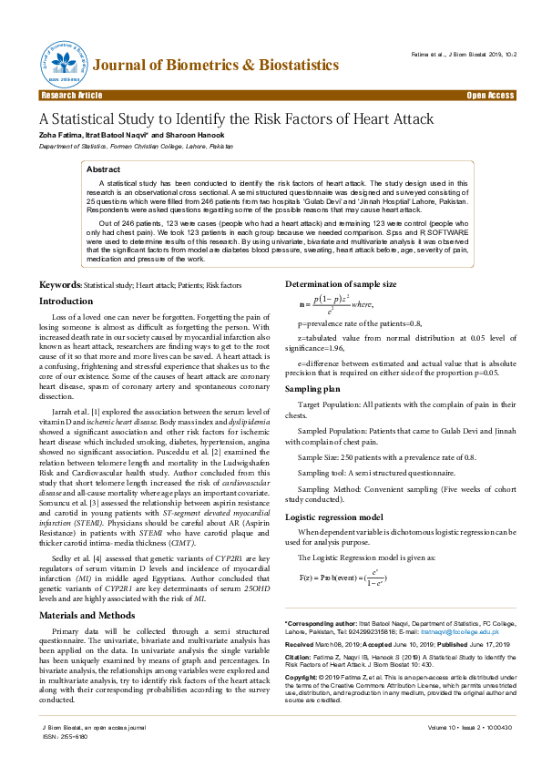 (PDF) A Statistical Study to Identify the Risk Factors of Heart Attack