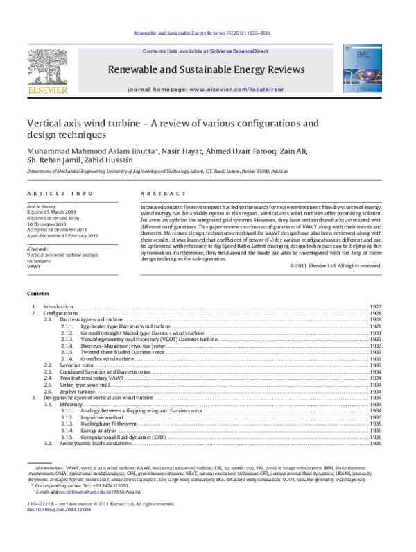 (PDF) Vertical axis wind turbine – A review of various configurations ...