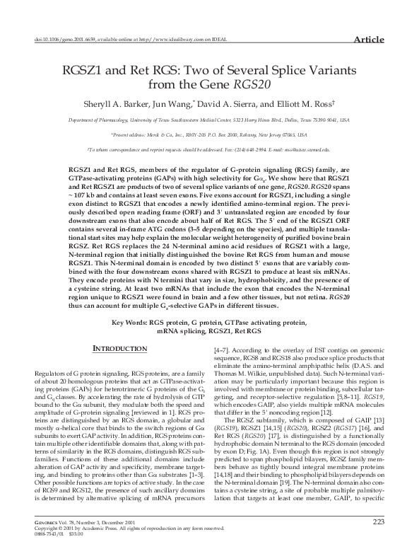 (PDF) RGSZ1 and Ret RGS: two of several splice variants from the gene RGS20