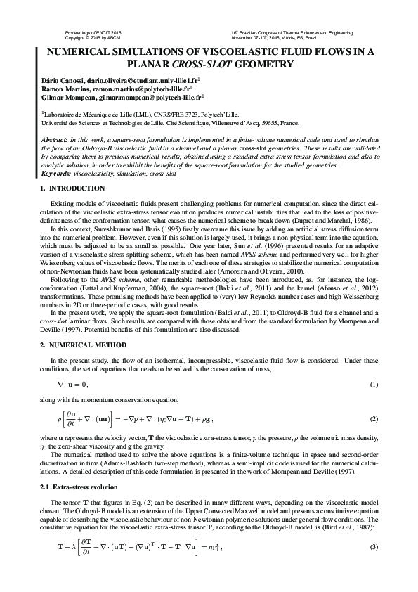 (PDF) Numerical Simulations of Viscoelastic Fluid Flows in a Planar ...
