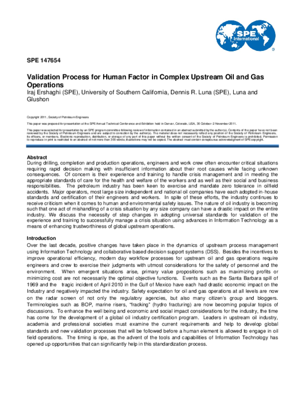 (PDF) Validation Process for Human Factor in Complex Upstream Oil and ...