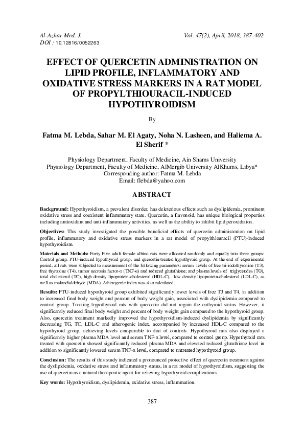 (PDF) Effect of Quercetin Administration on Lipid Profile, Inflammatory ...