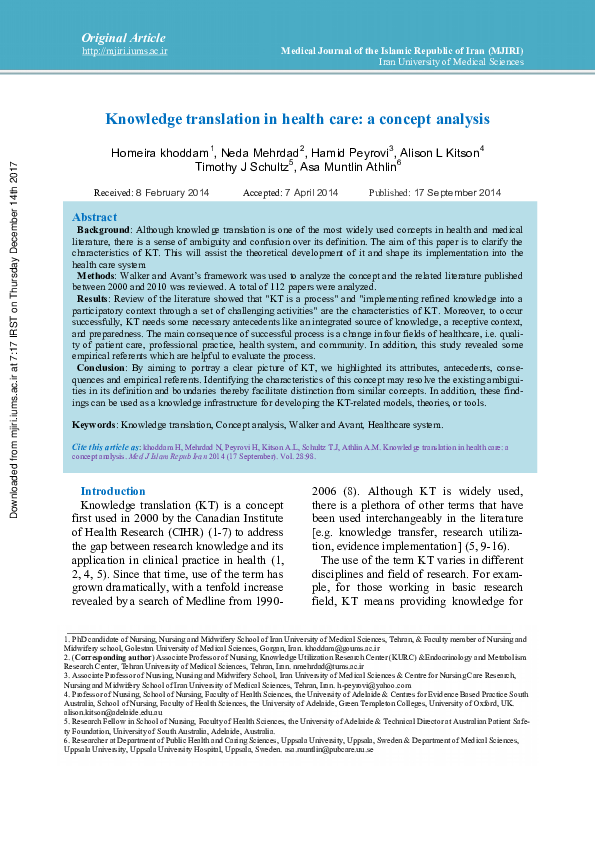 (PDF) Knowledge translation in health care: a concept analysis