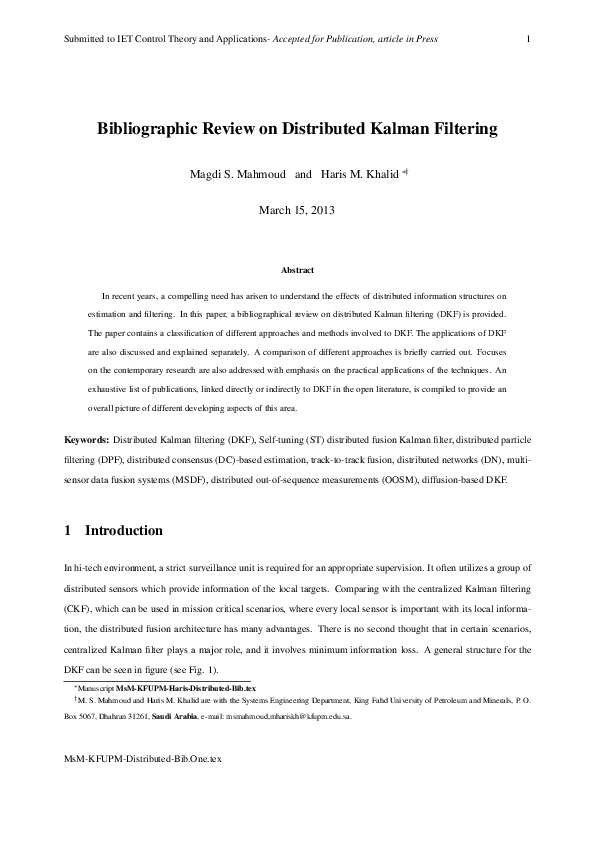 (PDF) Bibliographic Review on Distributed Kalman Filtering