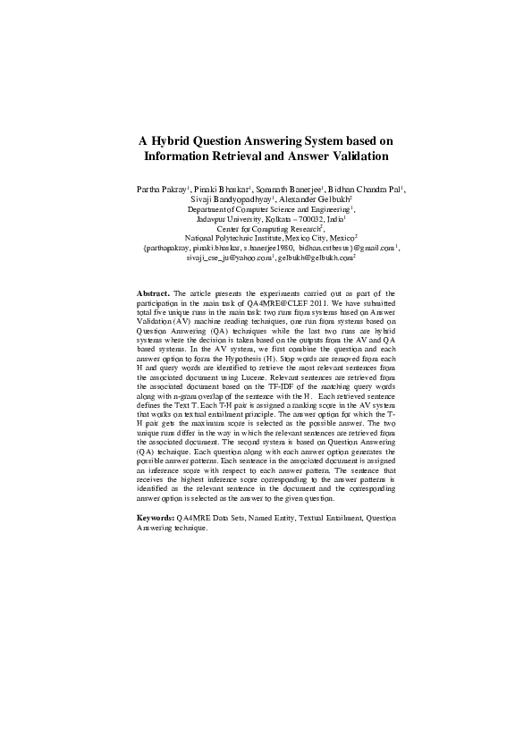 (PDF) A Hybrid Question Answering System based on Information Retrieval ...