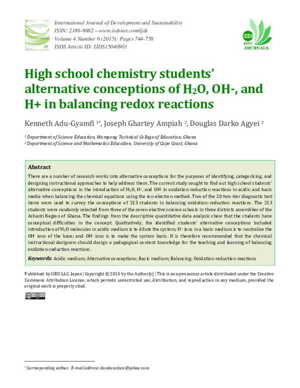 (PDF) High school chemistry students ’ alternative conceptions of H 2 O ...