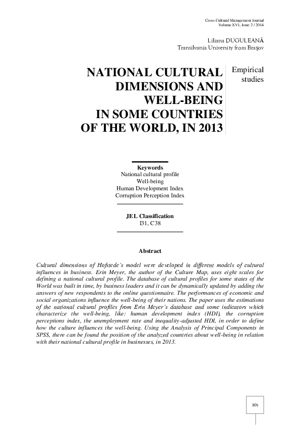 (PDF) National Cultural Dimensions and Well-Being in Some Countries of ...