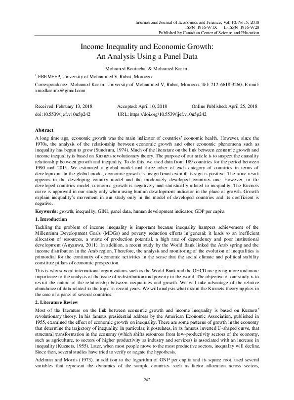 (PDF) Income Inequality and Economic Growth: An Analysis Using a Panel Data