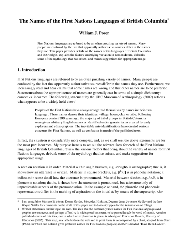 (PDF) The Names of the First Nations Languages of British Columbia