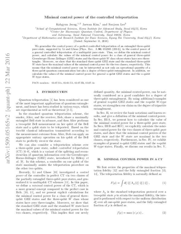 (PDF) Minimal control power of the controlled teleportation