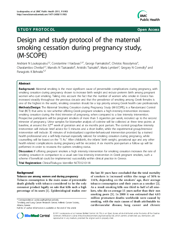 (PDF) Design and study protocol of the maternal smoking cessation during pregnancy study,(M