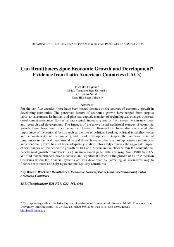 (PDF) Can Remittances Spur Economic Growth and Development? Evidence ...