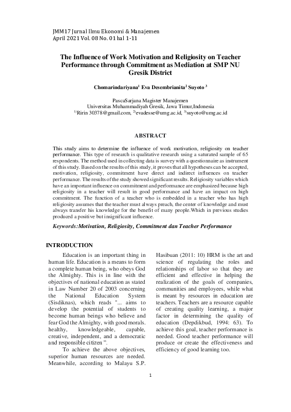 (PDF) The Influence of Work Motivation and Religiosity on Teacher ...