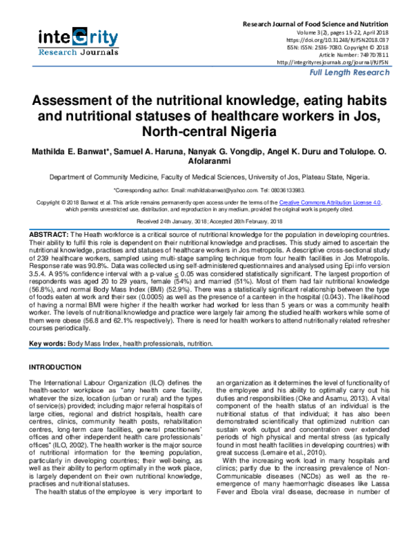 (PDF) Assessment of the nutritional knowledge, eating habits and ...