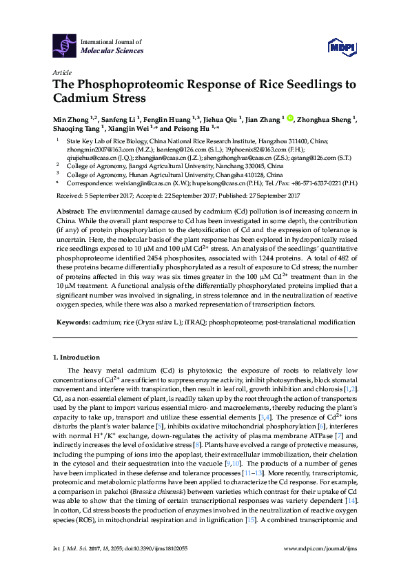 (PDF) The Phosphoproteomic Response of Rice Seedlings to Cadmium Stress