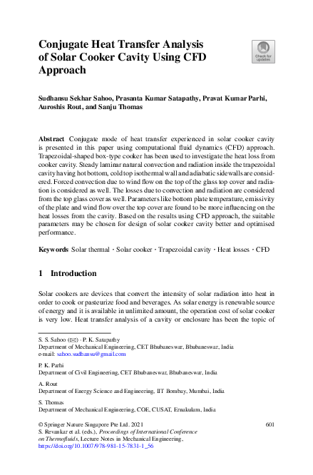(PDF) Conjugate Heat Transfer Analysis of Solar Cooker Cavity Using CFD ...