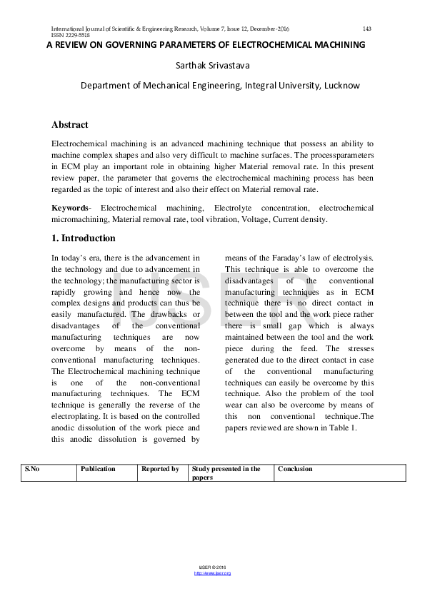 (PDF) A Review on Governing Parameters of Electrochemical Machining