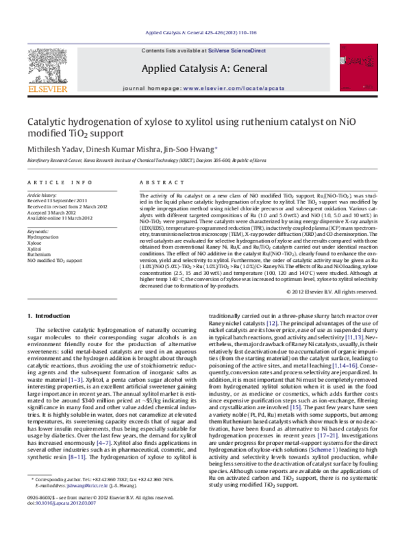 (PDF) Catalytic hydrogenation of xylose to xylitol using ruthenium ...