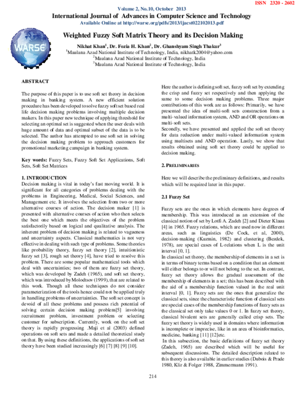 (PDF) Weighted Fuzzy Soft Matrix Theory and its Decision Making