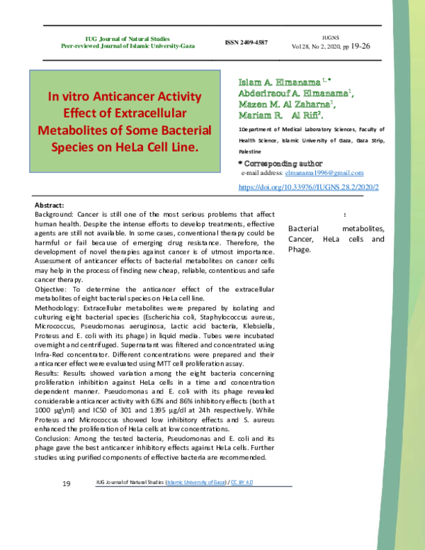 (PDF) In vitro Anticancer Activity Effect of Extracellular Metabolites ...