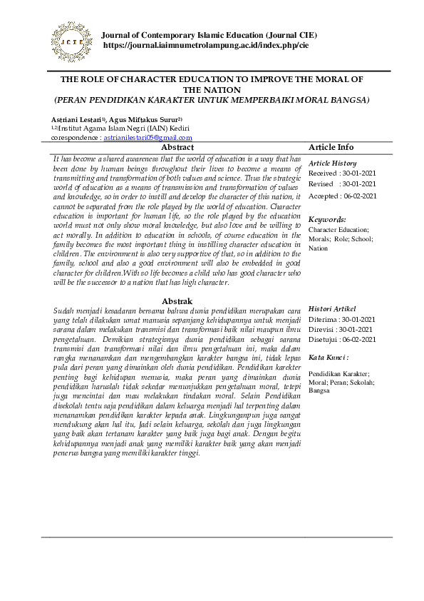 (PDF) The Role of Character Education to Improve the Moral of the Nation