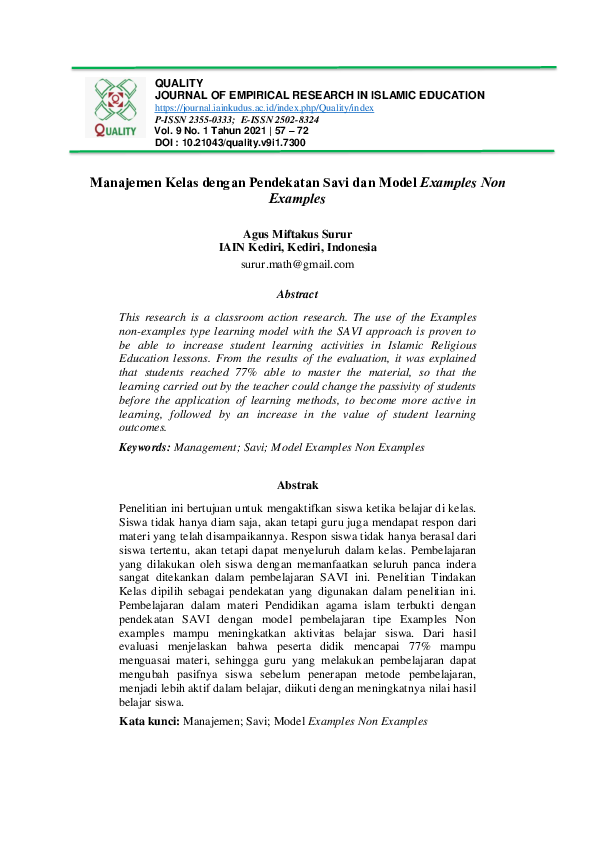 (PDF) Manajemen Kelas dengan Pendekatan Savi dan Model Examples Non ...