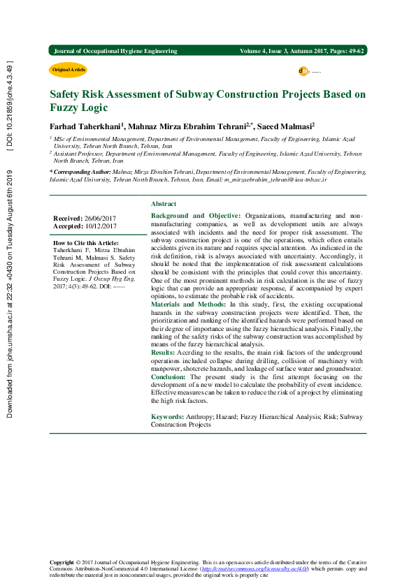 (PDF) Safety Risk Management Based on Fuzzy Logic at Underground Projects