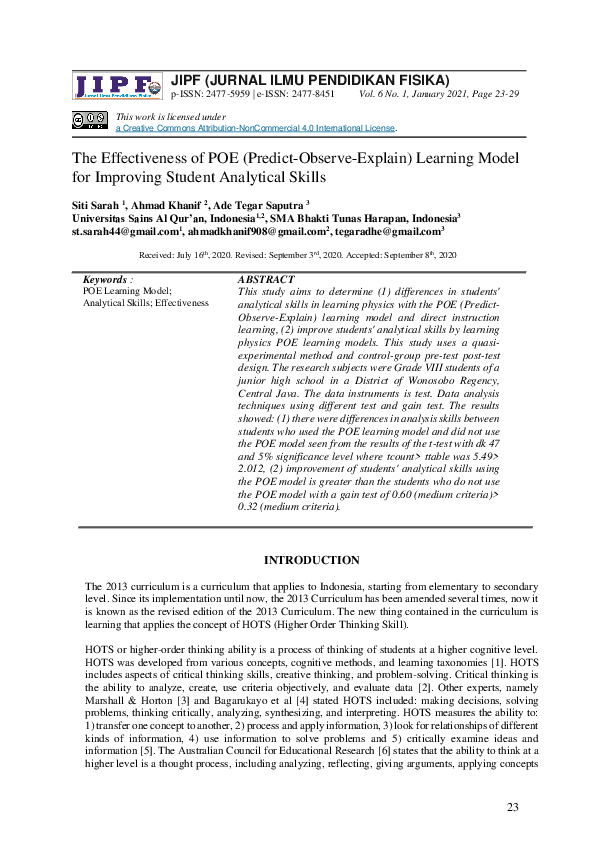 (PDF) The Effectiveness of POE (Predict-Observe-Explain) Learning Model ...