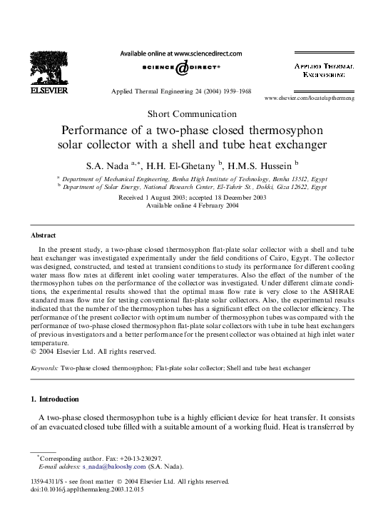(PDF) Performance of a two-phase closed thermosyphon solar collector ...