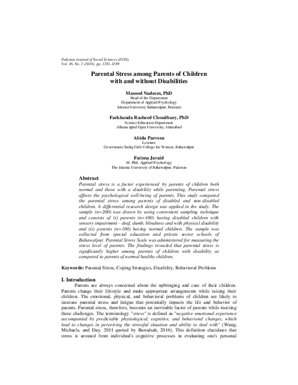 (PDF) Parental Stress among Parents of Children with and without ...