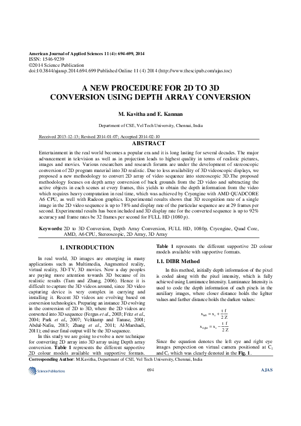(PDF) A New Procedure for 2D to 3D Conversion Using Depth Array Conversion