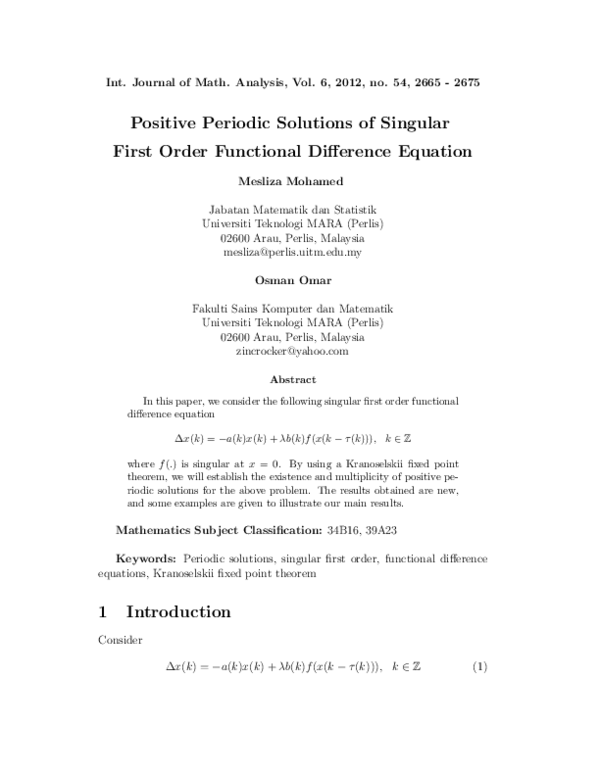 (PDF) Positive Periodic Solutions of Singular First Order Functional ...