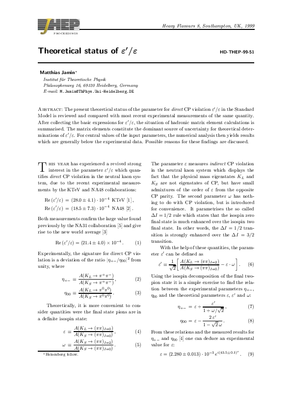 (PDF) Theoretical Status of epsilon'/epsilon