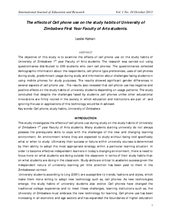(PDF) The effects of Cell phone use on the study habits of University ...