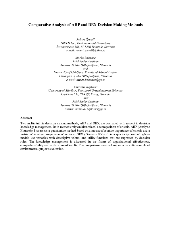 (PDF) Comparative Analysis of AHP and DEX Decision Making Methods