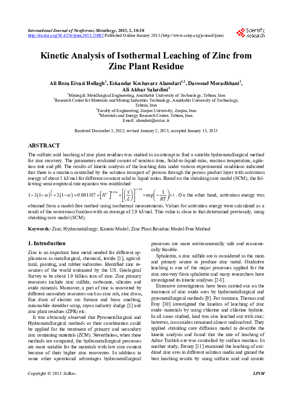 (PDF) Analysis of Isothermal Leaching of Zinc from Zinc Plant