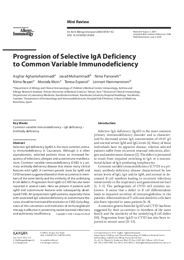 (PDF) Progression of selective IgA deficiency to common variable ...