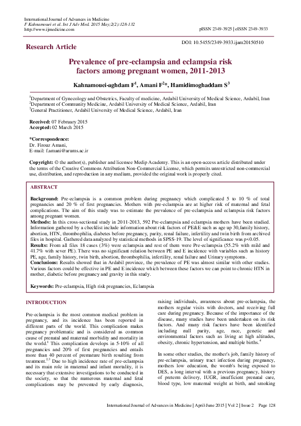 (PDF) Prevalence of pre-eclampsia and eclampsia risk factors among ...
