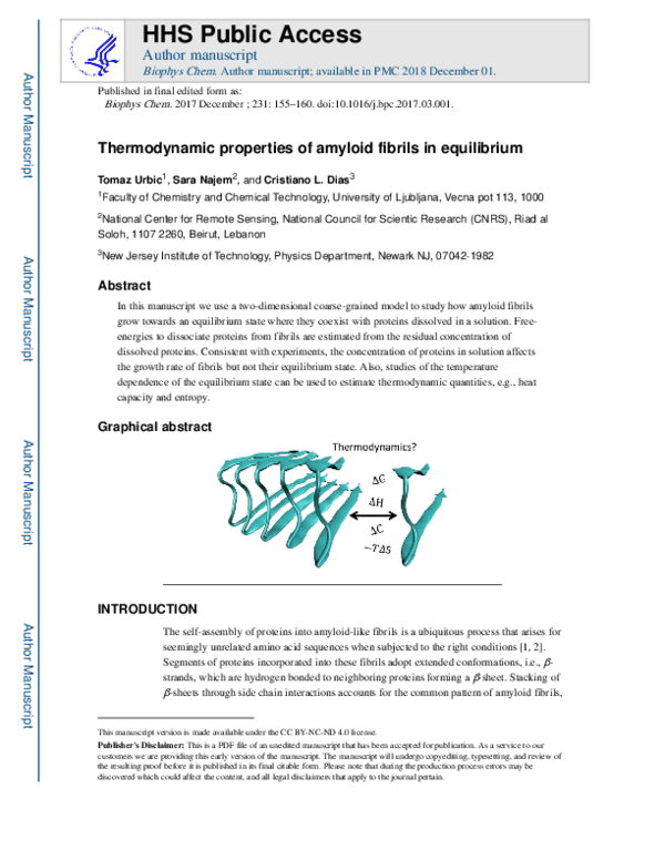 (PDF) Thermodynamic properties of amyloid fibrils in equilibrium