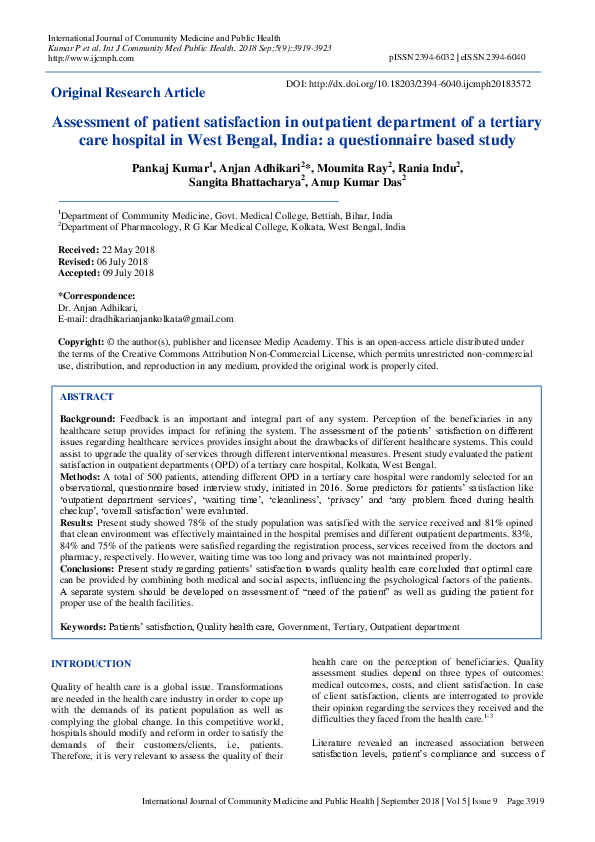 (PDF) Assessment of patient satisfaction in outpatient department of a ...
