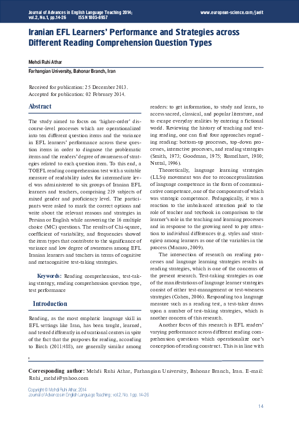 (PDF) Iranian EFL Learners' Performance and Strategies across Different ...