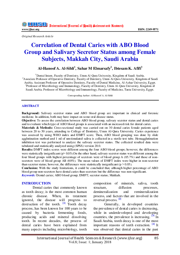 (PDF) Correlation of Dental Caries with ABO Blood Group and Salivary