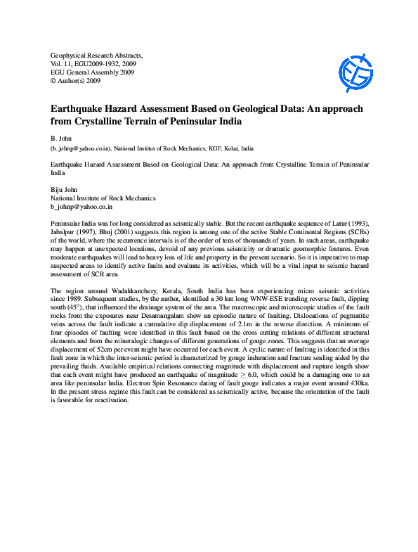 (PDF) Earthquake Hazard Assessment Based on Geological Data: An approach