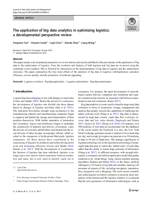 (PDF) The application of big data analytics in optimizing logistics: a ...