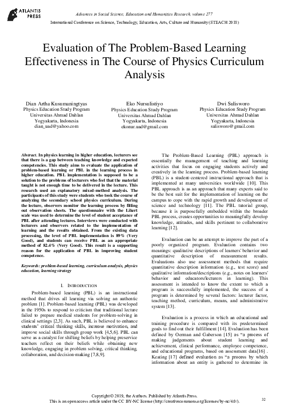 (PDF) Evaluation of the Problem-Based Learning Effectiveness in the ...