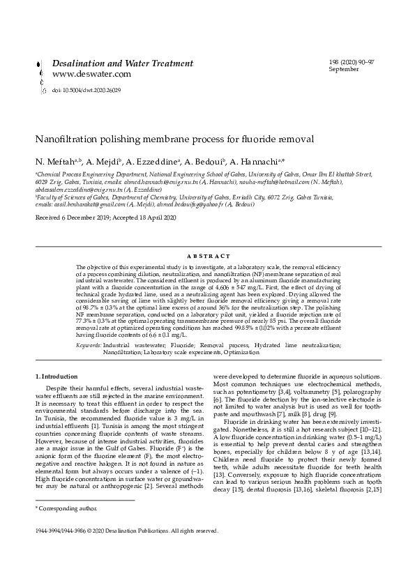 (PDF) Nanofiltration polishing membrane process for fluoride removal