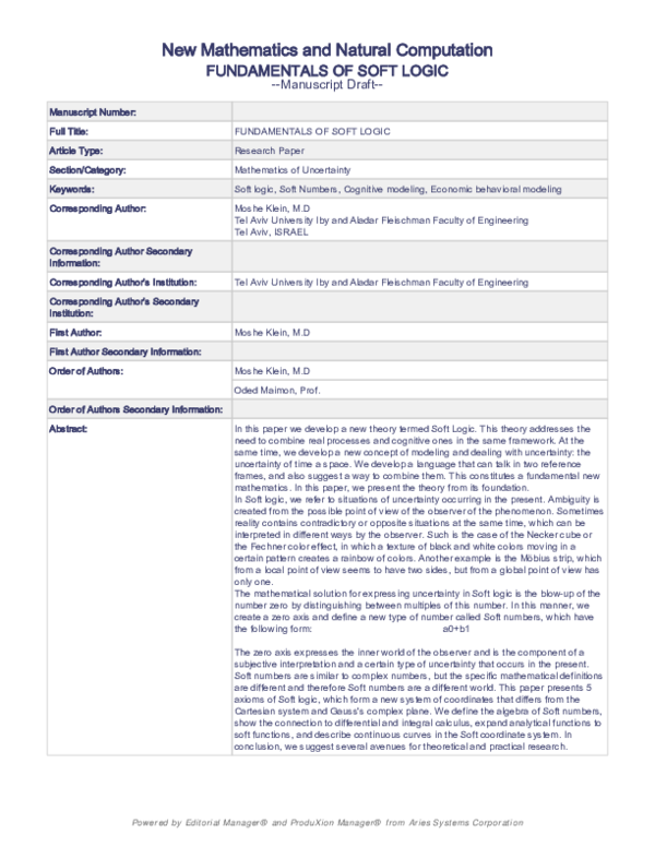 (PDF) New Mathematics and Natural Computation FUNDAMENTALS OF SOFT LOGIC