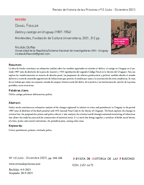 (PDF) Resena de Daniel Fessler Delito y castigo en Uruguay (1907-1934)