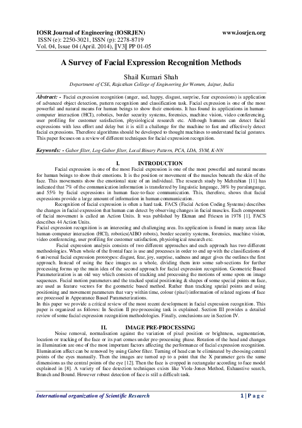 (PDF) A Survey of Facial Expression Recognition Methods